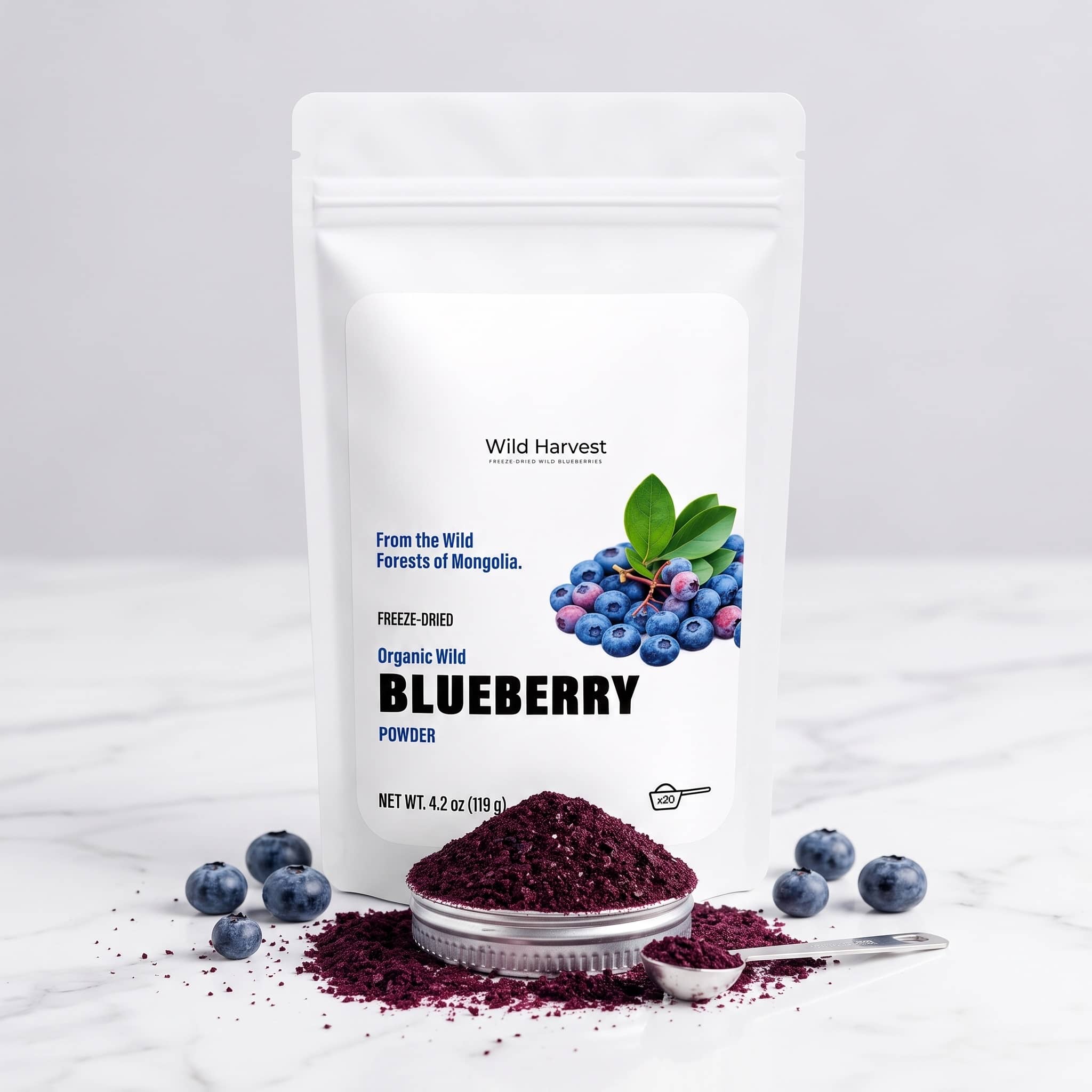 Wild Harvest Mongolian blueberry powder on a marble table with fresh berries