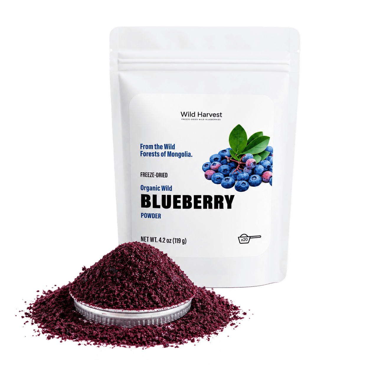 Wild Harvest pouch beside a mound of freeze-dried Mongolian blueberry powder